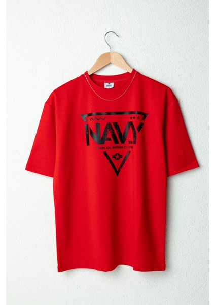 Erkek Navy Oversize Baskılı Pamuklu Bisiklet Yaka Kısa Kollu T-Shirt