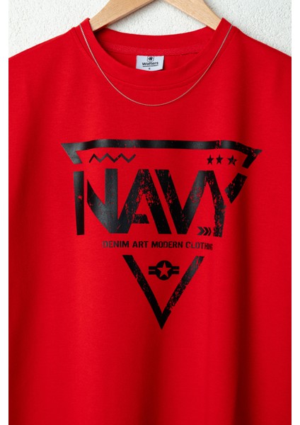 Erkek Navy Oversize Baskılı Pamuklu Bisiklet Yaka Kısa Kollu T-Shirt fiyatları