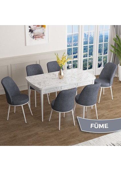 Concept Han Serisi 70X114 Açılabilir Mdf Beyaz Mermer Desen Mutfak Masası Takımı 6 Sandalye