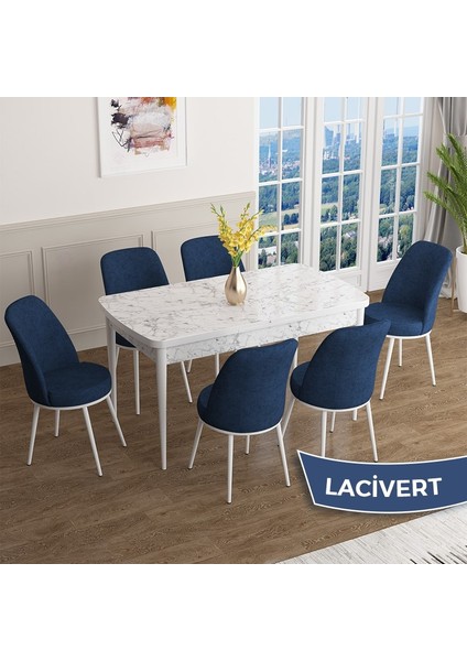 Concept Han Serisi 70X114 Açılabilir Mdf Beyaz Mermer Desen Mutfak Masası Takımı 6 Sandalye