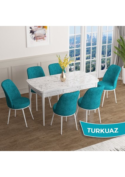Concept Han Serisi 70X114 Açılabilir Mdf Beyaz Mermer Desen Mutfak Masası Takımı 6 Sandalye