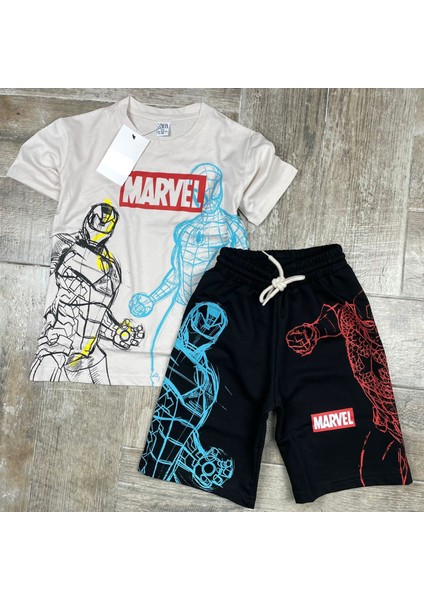 Erkek Bebek Erkek Çocuk Marvel Baskılı Krem Spor T-Shirt Şort Takım Erkek Marvel Takım