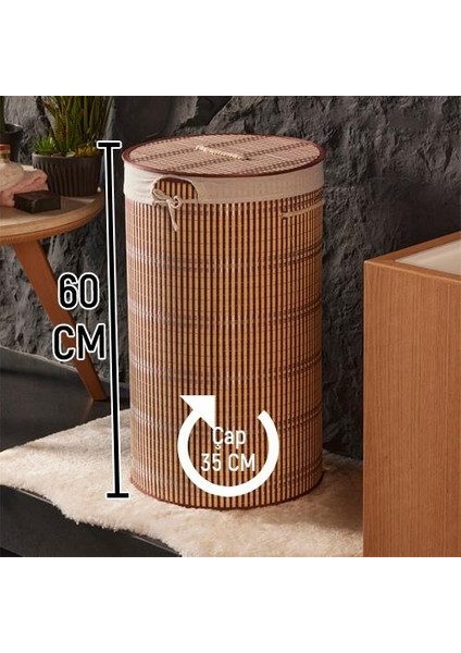 Kirli Çamaşır Sepeti Bambu Hasır Desenli Çamaşır Selesi Kapaklı Yuvarlak Kirli Sepeti Çizgili 35X60