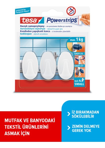 Powerstrips Askı Küçük Oval Kendinden Yapışkanlı, Çıkarılabilir, beyaz