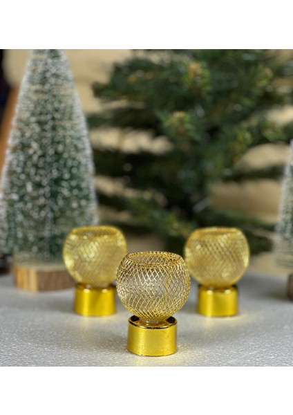 Yeni Yıl Yılbaşı Lüks Aynalı Gold Altın Metal LED Işıklı Çam Ağacı Lamba Pilli ve Mum Dekor 3lü Set