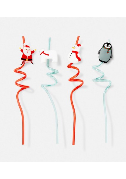 Yılbaşı Özel Ithal 4lü Tekrar Kullanabilir Pipet Seti Noel Baba Kardan Adam Kutup Ayısı Penguen