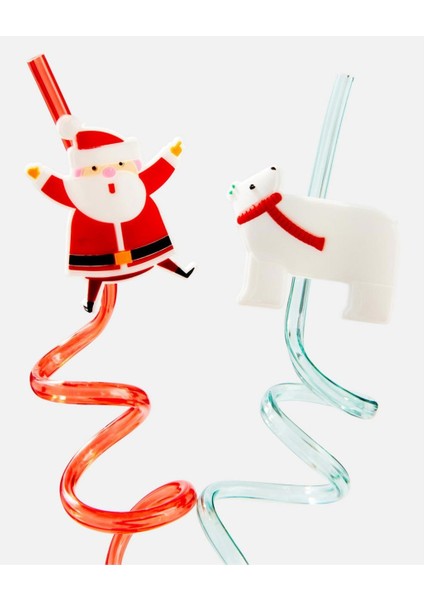 Yılbaşı Özel Ithal 4lü Tekrar Kullanabilir Pipet Seti Noel Baba Kardan Adam Kutup Ayısı Penguen