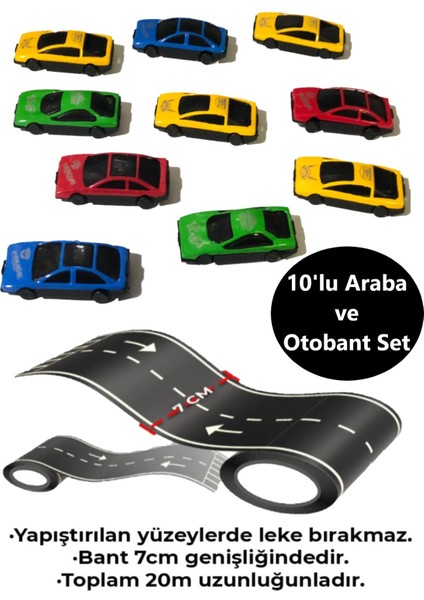 Otobant Eğitici ve Eğlenceli Yol Yapım Oyuncak Road Tape Şerit Oyun Bandı ve 10'lu Araba Seti