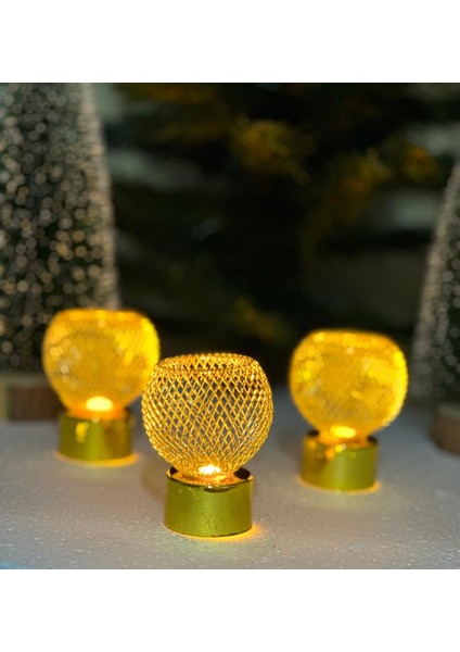 Yeni Yıl Yılbaşı Lüks Aynalı Gold Altın Metal LED Işıklı Çam Ağacı Lamba Pilli ve Mum Dekor 3lü Set fiyatları