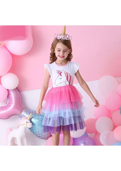Yeni Sezon 3D Kabartmalı Unicorn Prenses Tüllü Doğum Günü Parti Elbise Pembe Lila