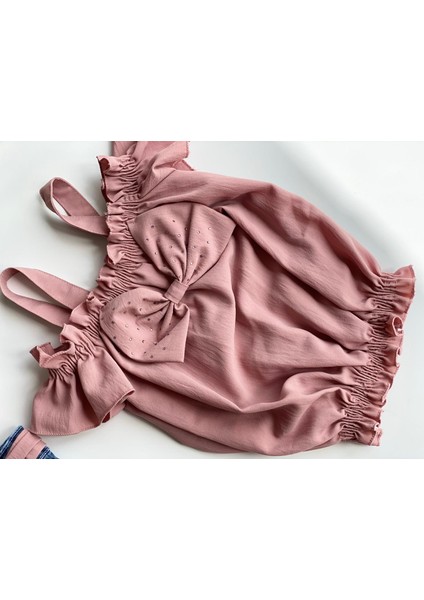 Bayram Özel Tasarım Kız Çocuk Kot Şort Taşlı Fiyonklu Bluz Hasır Şapka 3 Lü Takım Set Pembe
