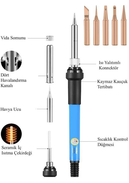 Electrimax 60W Sıcaklık Ayarlanabilir Kalem Havya Lehim Makinası ve Havya Uc