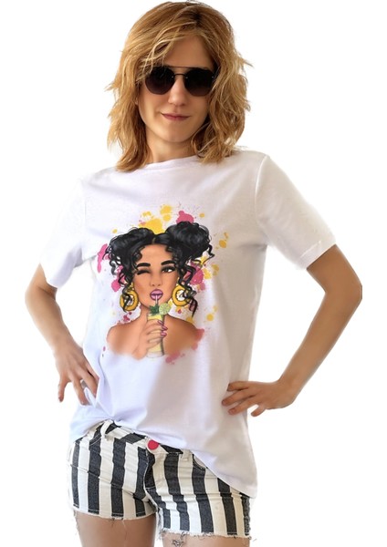 Baskılı, Beyaz, Bol Kesimli, Bisiklet Yaka ve Pamuklu Basic T-Shirt - Summer Girl Baskılı Tişört