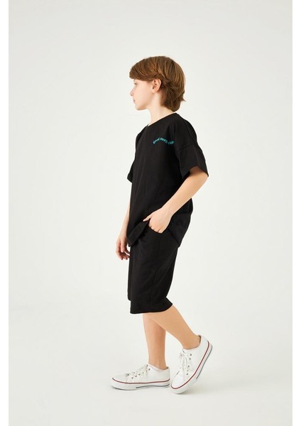 Bisiklet Yaka Düşük Omuz Basic Nakışlı Şortlu Unisex Çocuk Ikili Takım Siyah modelleri