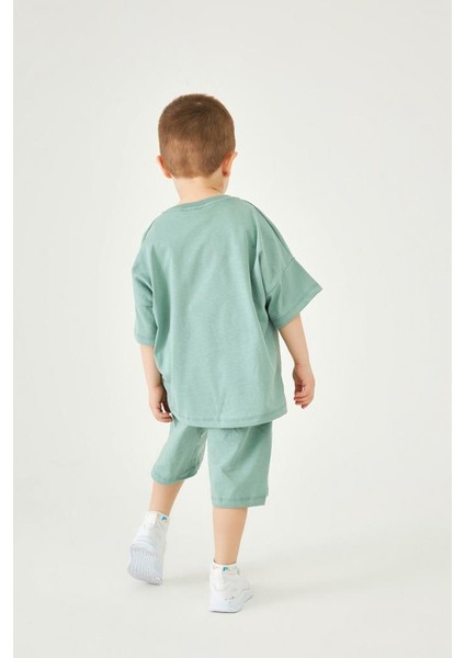 Bisiklet Yaka Düşük Omuz Basic Nakışlı Şortlu Unisex Çocuk Ikili Takım Yeşil