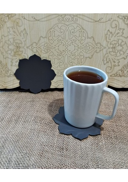 6 ADET Antrasit Çiçek Motifli Suni Deri Bardak Altlığı Kaydırmaz, Su Emmez 1.2 mm Kalınlık