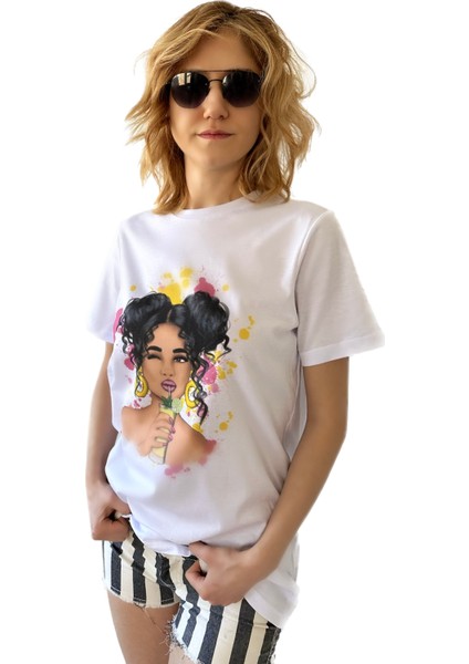 Baskılı, Beyaz, Bol Kesimli, Bisiklet Yaka ve Pamuklu Basic T-Shirt - Summer Girl Baskılı Tişört