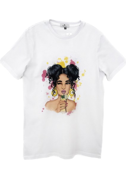 Baskılı, Beyaz, Bol Kesimli, Bisiklet Yaka ve Pamuklu Basic T-Shirt - Summer Girl Baskılı Tişört