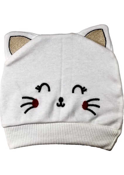 Bebek Kedi Kulaklı Nakışlı Penye Pamuklu Bere