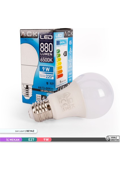 5'li LED Ampul Ack A60 6500K Beyaz Işik 880LM 9W E27