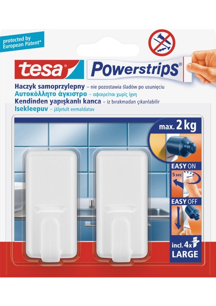 Powerstrips İz Bırakmadan Sökülebilir Yapışkanlı Askı, Büyük Dikdörtgen, Beyaz