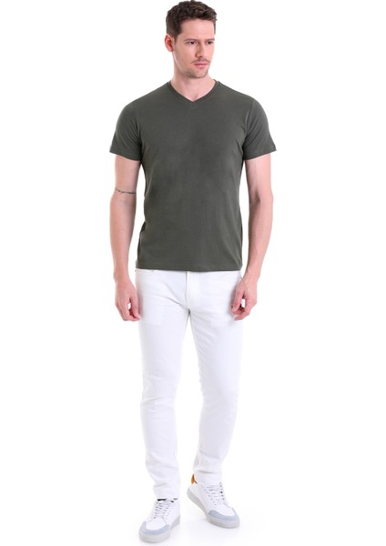Haki Düz Regular Fit 100% Pamuk V Yaka Tişört fiyatları