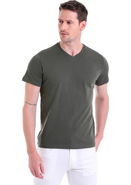 Haki Düz Regular Fit 100% Pamuk V Yaka Tişört modelleri