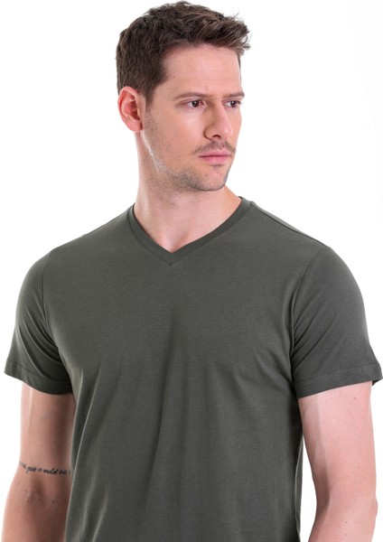 Haki Düz Regular Fit 100% Pamuk V Yaka Tişört fırsatları