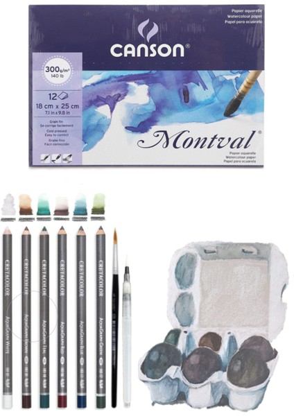 Canson Montval 18X25 cm 300GR 12 Yp Cretacolor 6'lı Aquarell Sulandırılabilir Fırçalı Eskiz Set
