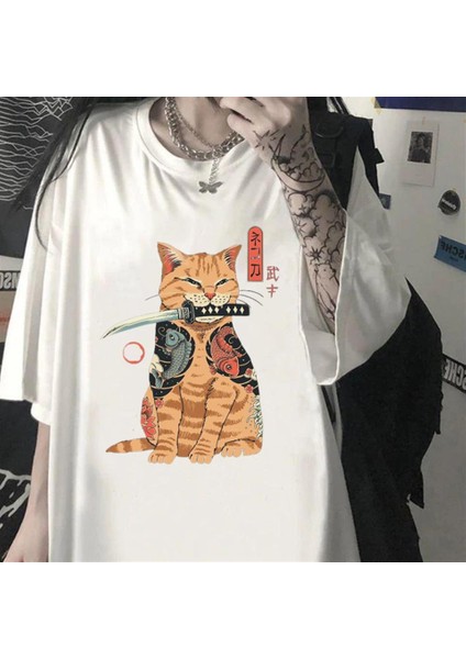 Killer Cat Baskılı Beyaz Oversize T-Shirt