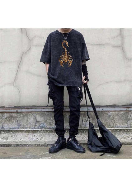 Yıkamalı Gothic Scorpion Eskitme T-Shirt