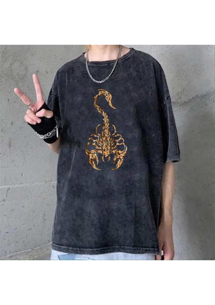 Yıkamalı Gothic Scorpion Eskitme T-Shirt