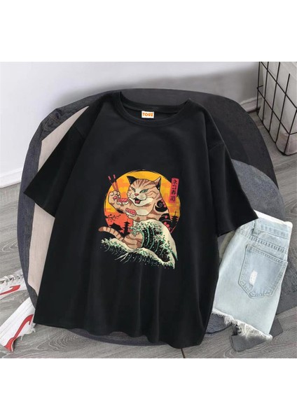 Artist Cat Baskılı Siyah Unisex Oversize T-Shirt