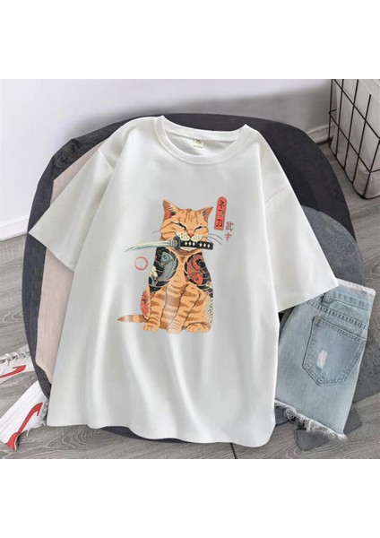Killer Cat Baskılı Beyaz Oversize T-Shirt fiyatları