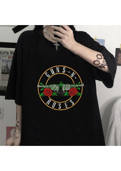 Guns N' Roses Baskılı Siyah Oversize T-Shirt