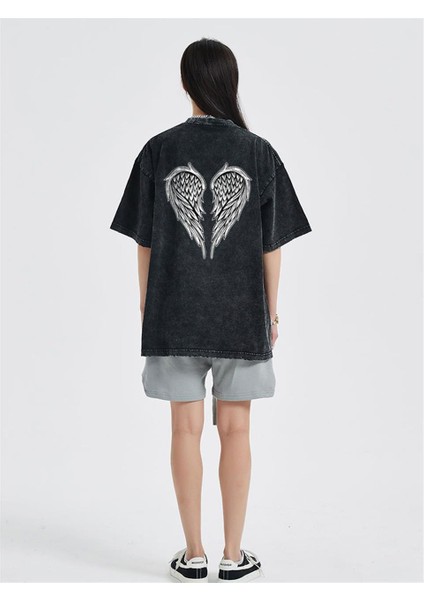 Yıkamalı Sırt Baskılı Wing Skeleton Eskitme T-Shirt