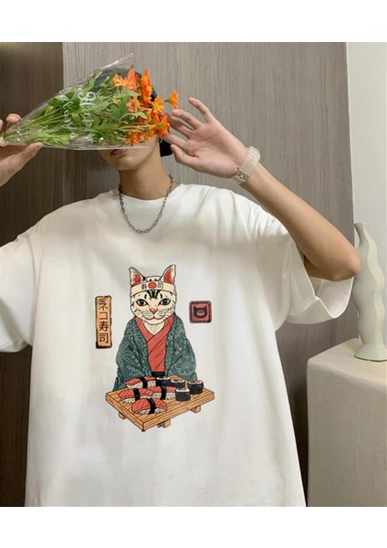 Sushi Cat Beyaz Oversize T-Shirt