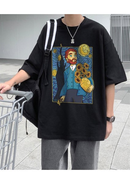 Van Gogh Starry Night Siyah Oversize T-Shirt