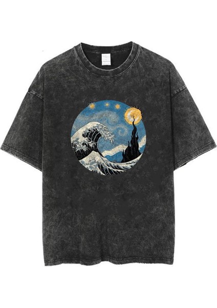 Yıkamalı Kanagawa Oki Nami Ura Unisex Eskitme T-Shirt