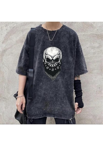 Yıkamalı Gang Skull Eskitme T-Shirt