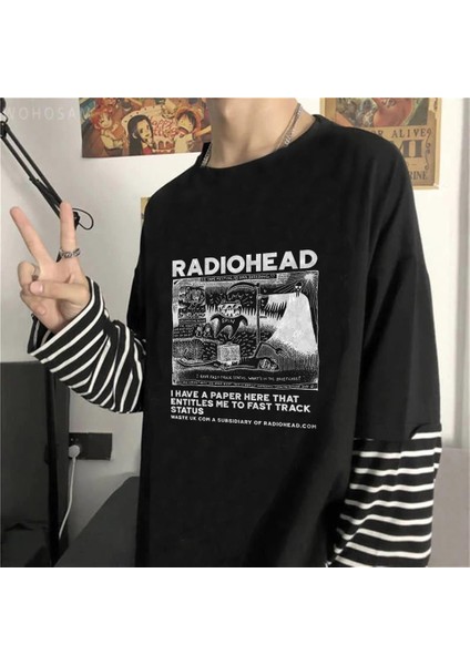 Radiohead Baskılı Fake Sleeves Unisex Siyah T-Shirt