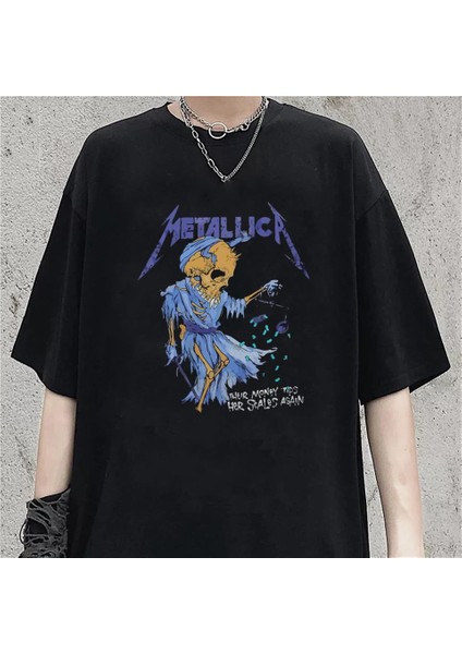 Rock Serisi Metallica Skull Money Siyah Oversize T-Shirt