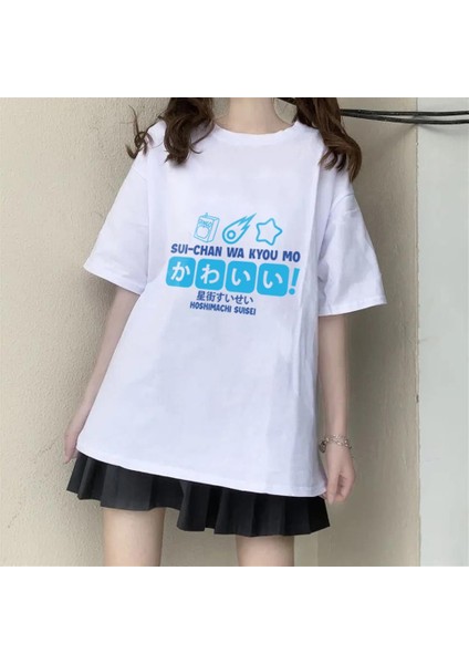 Hoshimachi Suisei Baskılı Beyaz Unisex Oversize T-Shirt