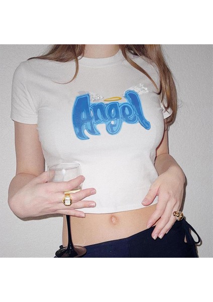 Angel Baskılı Beyaz Crop
