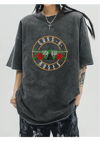 Rock Serisi Yıkamalı Guns N' Roses Eskitme T-Shirt modelleri