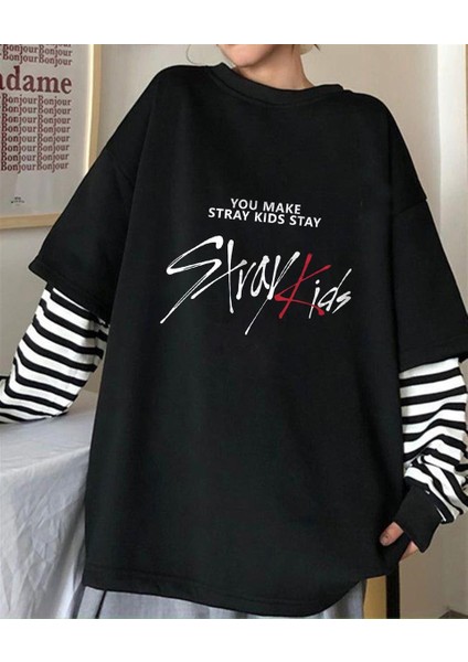 Stray Kids Baskılı Fake Sleeves Siyah T-Shirt
