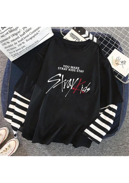 Stray Kids Baskılı Fake Sleeves Siyah T-Shirt fiyatları