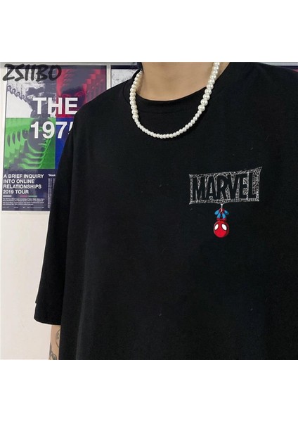 Mini Spider-Man Baskılı Siyah Oversize T-Shirt