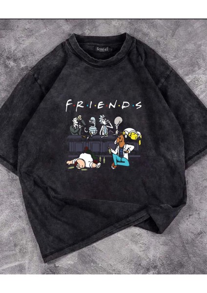 Yıkamalı Friends Baskılı Unisex Oversize Vintage Eskitme T-Shirt