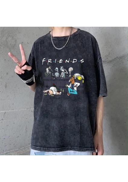 Yıkamalı Friends Baskılı Unisex Oversize Vintage Eskitme T-Shirt